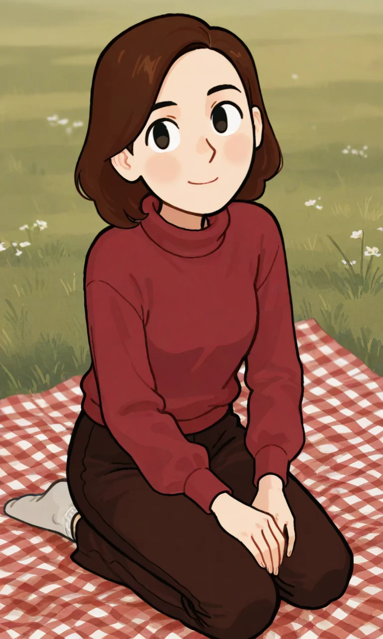 0waxio, ,Johanna, brown hair, red sweater, brown pants, kneeling, picnic, looking at viewer, smile, solo, outdoor,