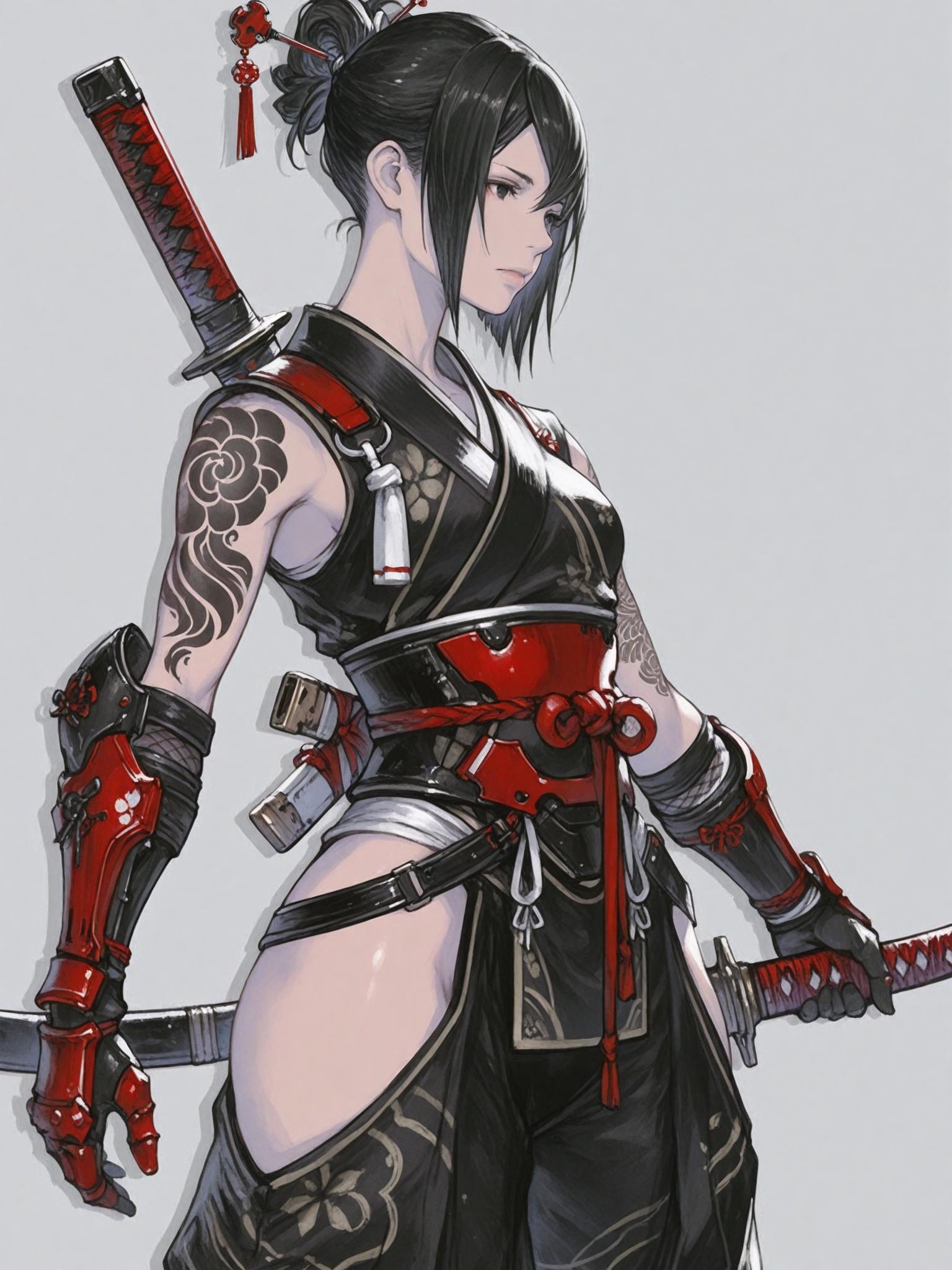   Remove Use these settings1girl, weapon, solo, sword, tattoo, japanese clothes, hair ornament, black hair, ninja, sheath, katana, sheathed, simple background, sleeveless, hair stick, weapon on back, short hair, holding, holding weapon, gauntlets, black kimono, gloves, arm tattoo, holding sword, armor, digital art, artwork, game character, half body, light background