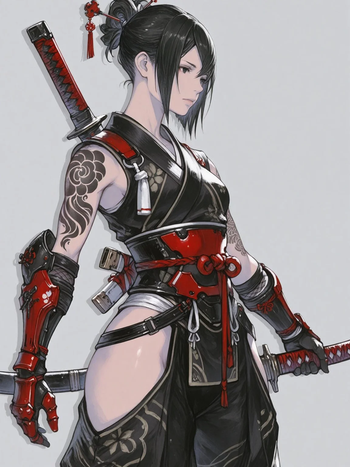 Remove Use these settings1girl, weapon, solo, sword, tattoo, japanese clothes, hair ornament, black hair, ninja, sheath, katana, sheathed, simple background, sleeveless, hair stick, weapon on back, short hair, holding, holding weapon, gauntlets, black kimono, gloves, arm tattoo, holding sword, armor, digital art, artwork, game character, half body, light background