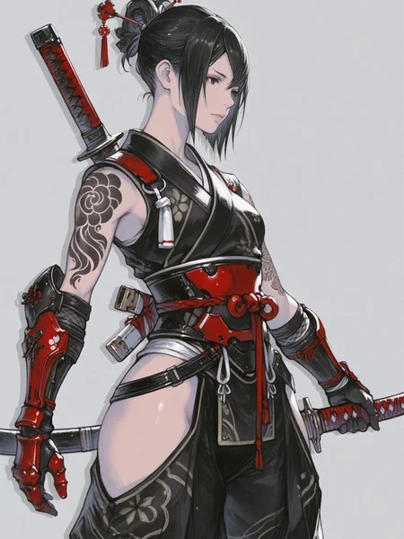 Remove Use these settings1girl, weapon, solo, sword, tattoo, japanese clothes, hair ornament, black hair, ninja, sheath, katana, sheathed, simple background, sleeveless, hair stick, weapon on back, short hair, holding, holding weapon, gauntlets, black kimono, gloves, arm tattoo, holding sword, armor, digital art, artwork, game character, half body, light background
