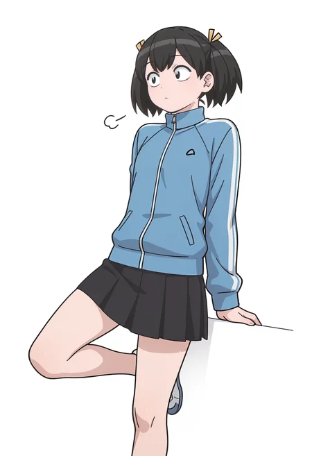 Smooth Quality,masterpiece,very intricate, high quality details, ultra realistic, high detailed skin,detailed enviorement,
simple background, white background, sigh,
standing on one leg, solo,
asymmetrical skirt,,track jacket, , <lora:Tadano_Hitomi_cnn:0.8> tadanohitomicnn, 1girl,black hair, short hair, twintails, black eyes, bangs, hair ribbon,