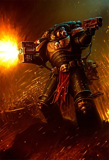 Score_9_up, absurdres, source: GamesWorkshop, grimdark, gothic horror, an adeptus astartes space marine in armor and helmet, he is firing a bolter gun