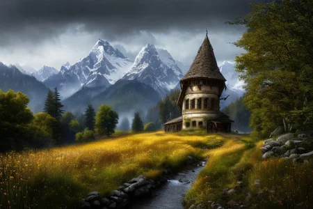 realistic analog photo, award winning photo,
fantfa, background, mountain, stream, trees, foreground, field, house, farm, witow, a wizard watch tower,
high-quality, crisp, sharp, professional-grade, high-resolution, fine detail, accurate colors, low noise, fast shutter speed, wide dynamic range, precise focus, RAW, highres, 8k, uhd, High Dynamic Range, tonemapping, crisp details,