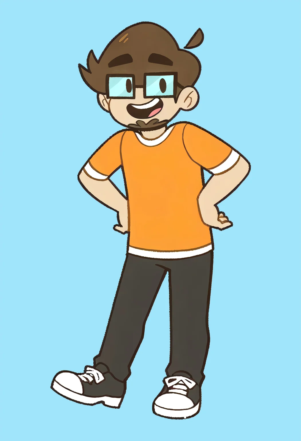 <lora:SaberIllustrations:1> source_cartoon, saber_illustrious, 1boy, solo, human, tan skin, short hair, brown hair, glasses, brown facial hair, orange shirt, short sleeves BREAK black pants, long sleeves, black shoes, white laces BREAK full body, thick eyebrows, brown eyes, looking at viewer, open smile, upper teeth only, hands on hips, standing BREAK flat colors, blue background, masterpiece, best quality, newest, absurdres, highres