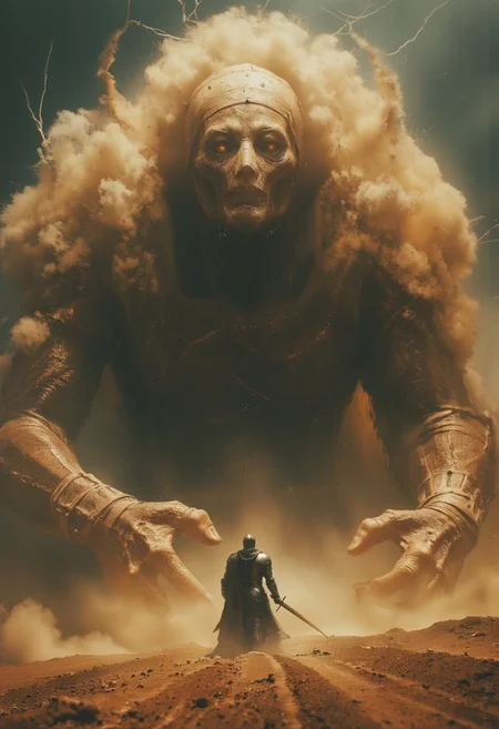 Over-the-shoulder boss-style shot of a towering, gleaming knightess in radiant silver armor standing against a raging desert sandstorm. Her massive sword crackles with lightning, arcs of energy lighting up the dim, stormy skies. The knightess, exuding both power and elegance, grips the sword tightly, her divine armor clinging to her voluptuous form.
Before her looms the final adversary—an ancient Egyptian mummy boss, wrapped in a massive, swirling cloak of thick DARK sand and dust. This shroud engulfs the entire battlefield, creating a suffocating, storm-like presence that darkens the sky. The mummy's Female boss decayed, bandaged face is barely visible beneath the shifting layers of sand, with cursed symbols glowing faintly through the storm. Its hollow, glowing eyes burn with an otherworldly hatred as the storm around it rages, the wind howling with fury.
As the knightess readies her blade, the cloak of sand and dust twists and reshapes, spreading further as if threatening to consume everything in its path. Lightning crackles along the knightess’s sword as she swings it with tremendous force, the blade cutting through the whirlwind of sand, sending arcs of energy towards the cursed mummy. The entire scene is swallowed by the chaotic storm as their battle begins.