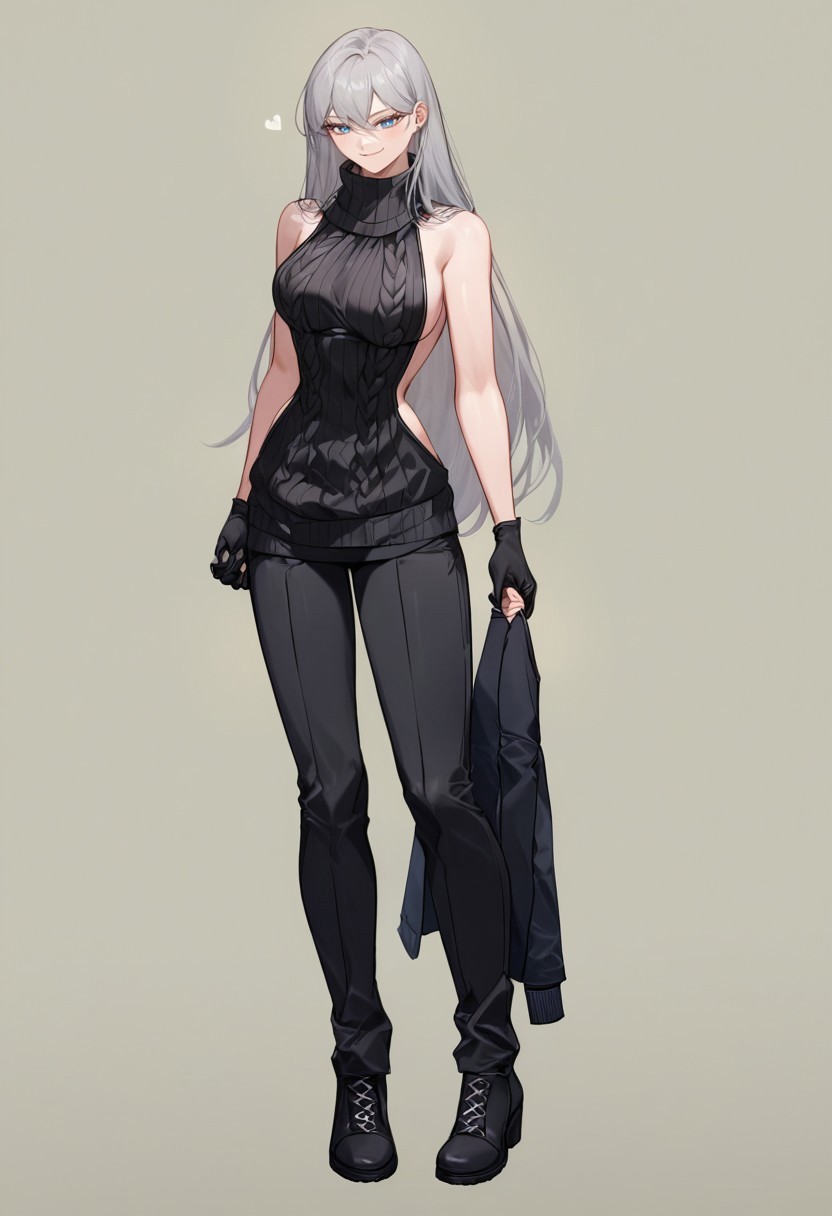 safe_pos, score_9,score_8_up,score_7_up, Expressiveh,  viewed from front, 1girl, pretty, (solo:2), AngelicaLOR, AngelicaLOR, long hair, grey hair, blue eyes, black pants, black sweater, black gloves, black footwear, vks2023,sweater, turtleneck, tall, medium breasts, fit, hourglass figure, (holding black suit in hands:1.5) , bare back, viewed from behind, back, shoulder blades, (black virgin killer sweater:1.5), butt,smiling, smug
