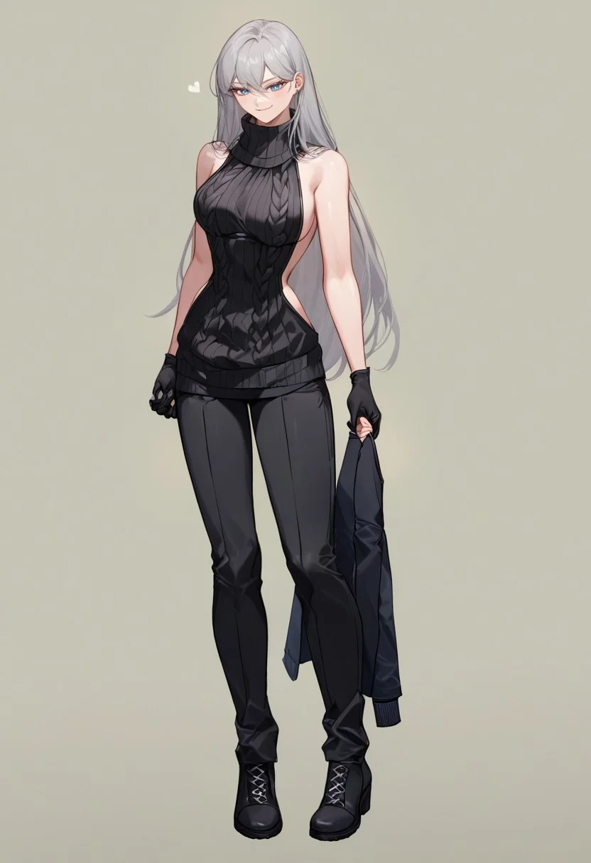 safe_pos, score_9,score_8_up,score_7_up, Expressiveh, viewed from front, 1girl, pretty, (solo:2), AngelicaLOR, AngelicaLOR, long hair, grey hair, blue eyes, black pants, black sweater, black gloves, black footwear, vks2023,sweater, turtleneck, tall, medium breasts, fit, hourglass figure, (holding black suit in hands:1.5) , bare back, viewed from behind, back, shoulder blades, (black virgin killer sweater:1.5), butt,smiling, smug
