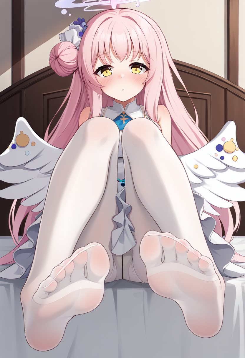 1girl, solo, foreshortening, foot focus, long hair, bangs, single side bun, pink hair, yellow eyes, breasts, white wings, feathered wings, low wings, angel wings, feet, legs, toes, soles, halo, looking at viewer, blush, parted lips, sitting, on bed, knees up, hair ornament, white dress, sleeveless dress, frilled dress, underwear, white panties, panties under pantyhose, white pantyhose, frills, sleeveless, no shoes, indoors, mika \(blue archive\)    <lora:Netarou-Style-PonyXL-Dora-v1.3-000051:1>
