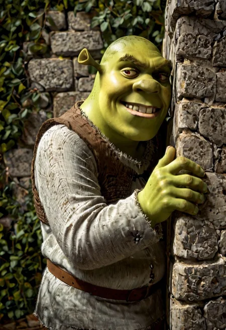 score_9_up, score_8_up, score_7_up, shrek, green skin, (cornering), taking cover, evil grin, stone wall, <lora:Corneringv1:0.8>