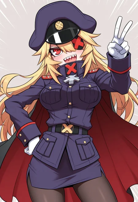 jin, character portrait, cowboy shot, sharp edges, thick lineart, black lineart, red eyes, eyepatch, blonde hair, long hair, white gloves, peaked cap, purple cap, military uniform, military, cape, long sleeves, pencil skirt, pantyhose, white gloves, peaked cap, purple cap, military uniform, cap, military, long sleeves, pencil skirt, pantyhose, :D, open mouth, peace, smile, blushing, motion lines, effects, sharp teeth, pose, dynamic pose