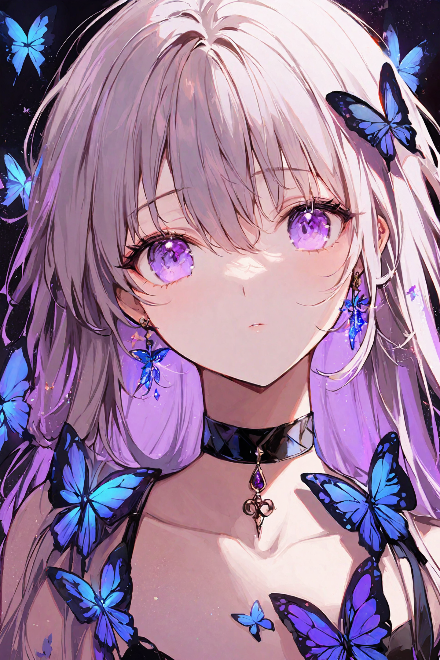 1girl, butterfly, bug, solo, choker, purple eyes, earrings, jewelry, looking at viewer, bangs, long hair, portrait, hair between eyes, blue butterfly, collarbone, <lora:Hyatsu_XL:0.9>,
