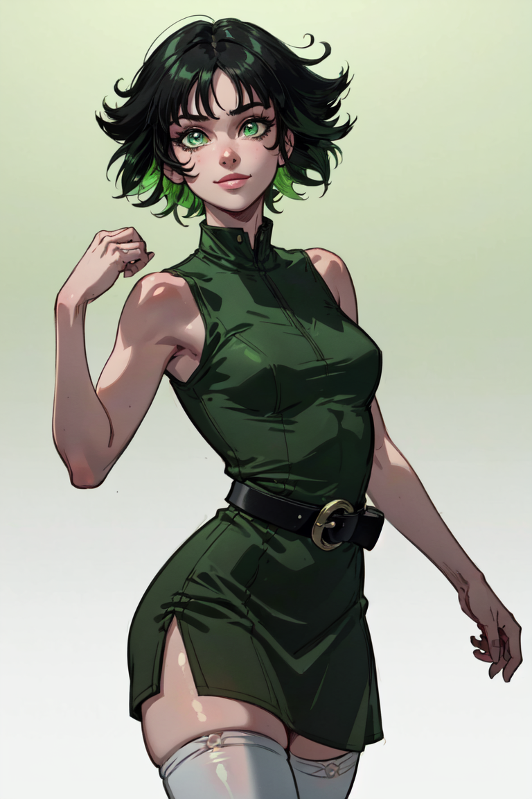 (Buttercup:1.0), smiling, (black hair, green eyes, short hair, messy hair), (dress, green sleeveless dress, simple black belt, white thighhighs:1.5), (green pastel background:1.5), (realistic:1.2), (masterpiece:1.2), (full-body-shot:1),(Cowboy-shot:1.2), neon lighting, dark romantic lighting, (highly detailed:1.2),(detailed face:1.2), (gradients), colorful, detailed eyes, (detailed landscape:1.2), (natural lighting:1.2), (cute pose:1.2), (solo, one person, one subject:1.5), standing, <lora:Buttercup-08:0.9>  <lora:add_detail:0.15> <lora:hipoly3DModelLora_v10:0.05> <lora:RSERomantic_RSESofiko_RSEEmma-v1:0.1> <lora:BeautifulEyes:0.65>