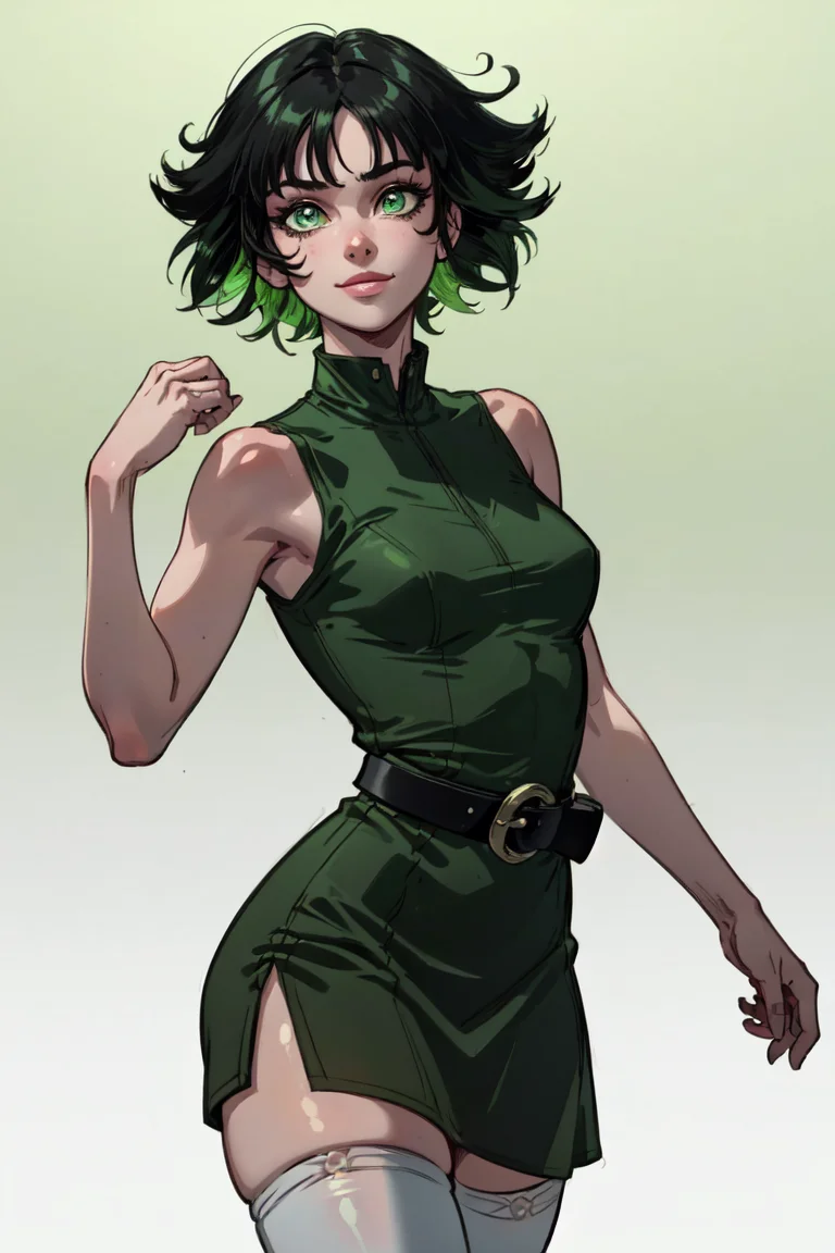 (Buttercup:1.0), smiling, (black hair, green eyes, short hair, messy hair), (dress, green sleeveless dress, simple black belt, white thighhighs:1.5), (green pastel background:1.5), (realistic:1.2), (masterpiece:1.2), (full-body-shot:1),(Cowboy-shot:1.2), neon lighting, dark romantic lighting, (highly detailed:1.2),(detailed face:1.2), (gradients), colorful, detailed eyes, (detailed landscape:1.2), (natural lighting:1.2), (cute pose:1.2), (solo, one person, one subject:1.5), standing, <lora:Buttercup-08:0.9>  <lora:add_detail:0.15> <lora:hipoly3DModelLora_v10:0.05> <lora:RSERomantic_RSESofiko_RSEEmma-v1:0.1> <lora:BeautifulEyes:0.65>