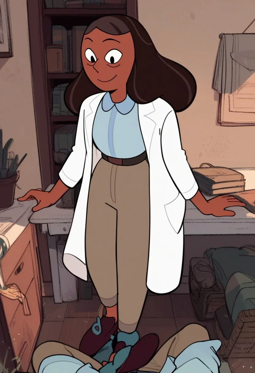 score_9, score_8_up, score_7_up, score_6_up, score_9, score_8_up, score_7_up, score_6_up, well lit, storage room, priyanka, 1girl, mature_female, solo, brown hair, long hair, dark-skinned female, collared shirt, labcoat, belt, shirt tucked in, pants, shoes, smiling, pov