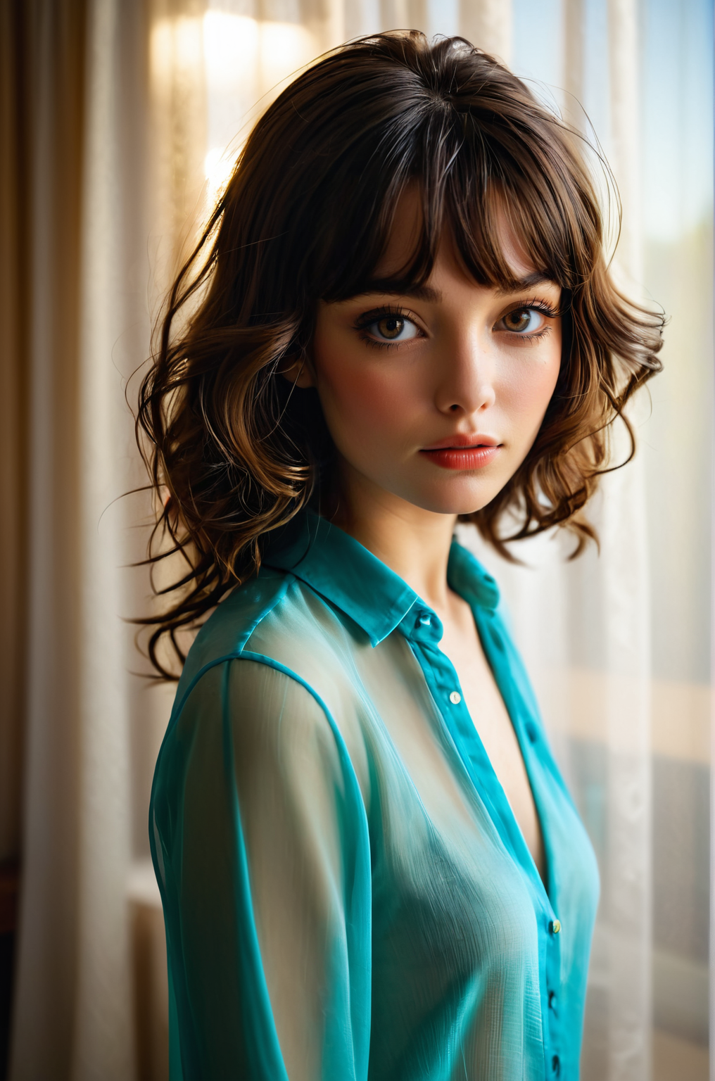 breathtaking  portrait photo of a woman, behind transparent curtains, volumetric lighting <lora:Zoe_SDXL_1:0.75> z03c . award-winning, professional, highly detailed
