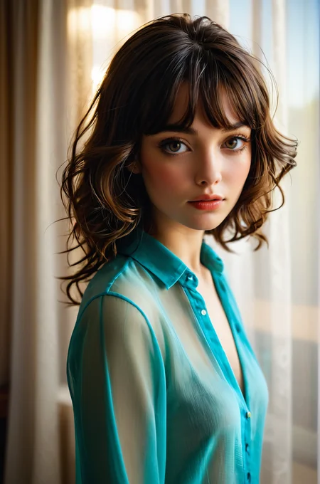 breathtaking portrait photo of a woman, behind transparent curtains, volumetric lighting <lora:Zoe_SDXL_1:0.75> z03c . award-winning, professional, highly detailed