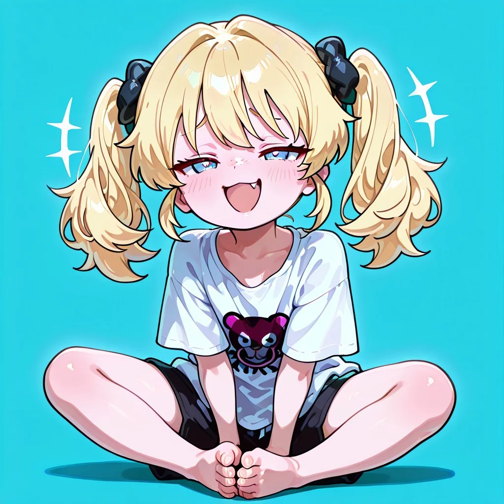 1girl, solo, best quality, newest, very aesthetic, scenery, volumetric lighting, masterpiece, short, shortstack. twintails, blonde, light freckles, blue eyes, cute, oversized shirt, shorts, baggy clothes, barefoot, simple background, blue background, mesugaki, blush, smug, excited, arrogant, <lora:NTR_MIX_4.0_LORA:0.5>, IllustriousQual
