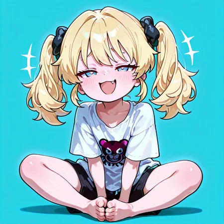 1girl, solo, best quality, newest, very aesthetic, scenery, volumetric lighting, masterpiece, short, shortstack. twintails, blonde, light freckles, blue eyes, cute, oversized shirt, shorts, baggy clothes, barefoot, simple background, blue background, mesugaki, blush, smug, excited, arrogant, <lora:NTR_MIX_4.0_LORA:0.5>, IllustriousQual