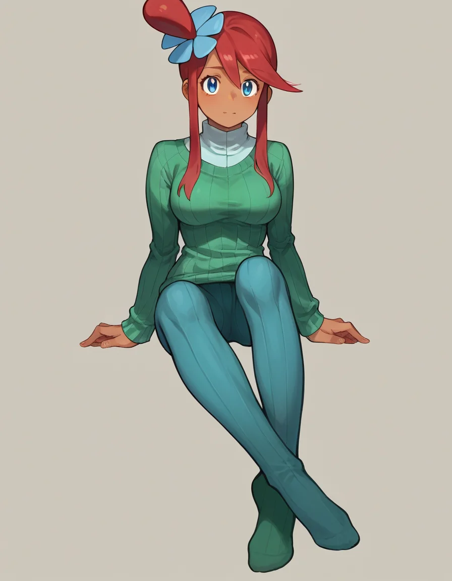 zPDXL, score_9, score_8_up, score_7_up, source_anime, 1girl, solo,
<lora:Cotton_v2:0.8> ribbed tights, green legwear, no shoes, Pokemon, Skyla, red hair, sidelocks, medium breasts, sweater,
