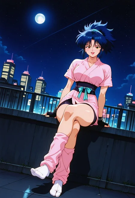 MachiKomacineHxH, 1girl, solo, messy hair, blue hair, ponytail, bangs, brown eyes, lips, japanese clothes, kunoichi, short kimono, pink kimono, large breast, green sash, black obi, short sleeves, black gloves, fingerless gloves, thick thighs, black shorts, bike shorts, pink leg warmers, white socks,
,seductive pose, sexy pose, tease,
masterpiece, best quality, fine details, intricate details, depth of field, subsurface scattering, bokeh,
ultra-detailed, very aesthetic, detailed background, newest, scenery, highres, absurdres, colorful, vibrant, glowing, perfect face, 2d, perfect eyes, vibrant saturated colors, volumetric lighting, sharp, detailed eyes, perfect anatomy, perfect face, perfect eyes, mature body, clear eyes, beautiful eyes, athletic, curvy body, athletic girl, perky tits, perfect tits, round breasts, pinup pose, teasing, lustful expression, perfect hands,
muscular female, dutch angle,
cityscape, rooftop, outdoors, skyscrapers, railing, neon lights, detailed background, night, night sky, night time, starry sky, sitting on railing, moon, looking at viewer, arm rest, smirk, crossed legs, open mouth, full body, foreshortening,
,Smooth Negative, Smooth_Quality,
90s_anime_aesthetic, 1990s (style), retro, retro artstyle,