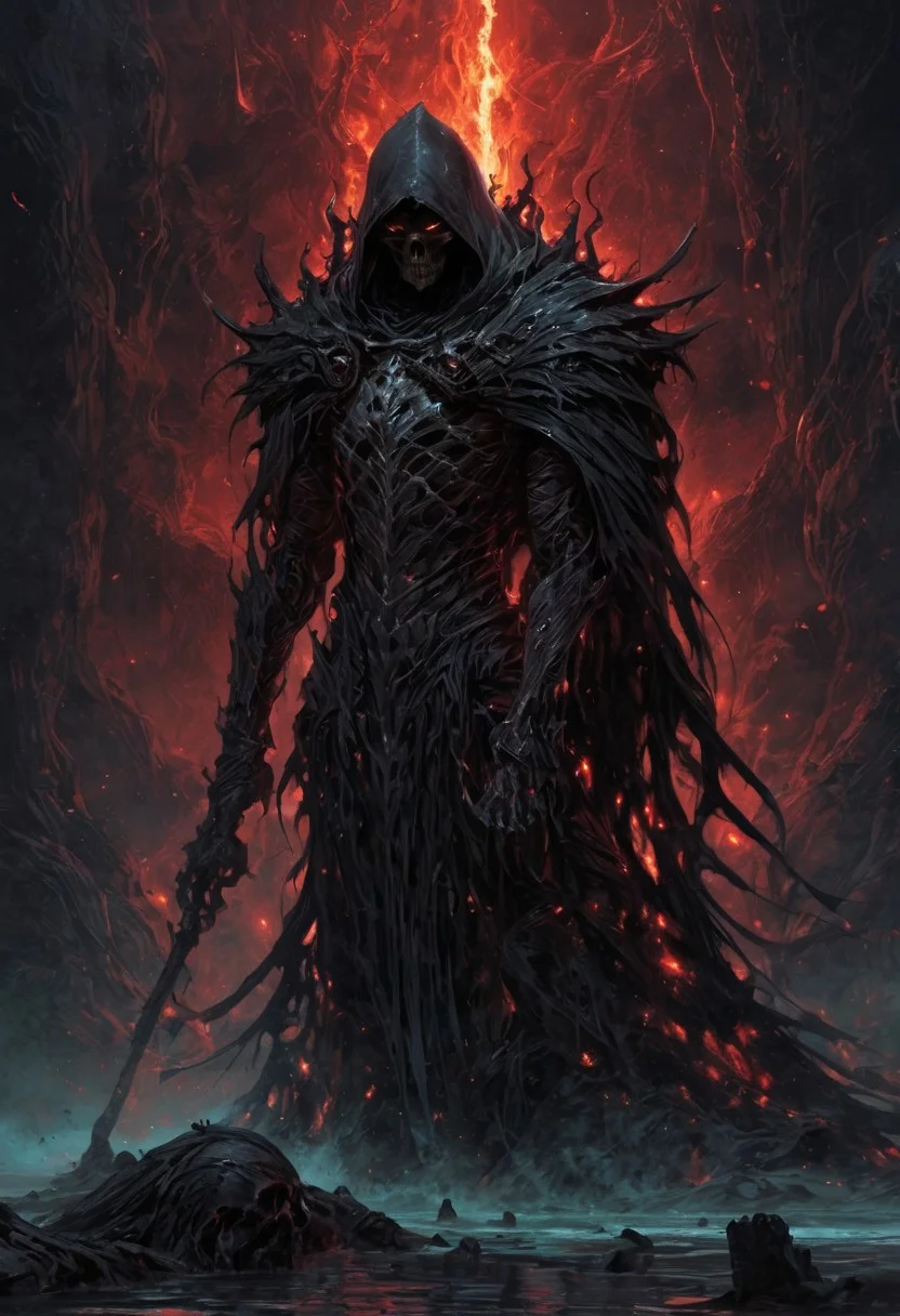 Dark Fantasy page, a reaper who seems to meld with the shadows, cloaked in armor made of bone and darkness, levitates over a pool of crystalline water with red hue. the figure exudes an air of mystery and forbearance, wielding a massive scythe with a dark, crimson aura. the image, whether painted or digitally rendered, captures the anomaly and maleficence of the character with vivid detail, high contrast, deep shadows <lora:EpicF4nta5yXL:0.8>