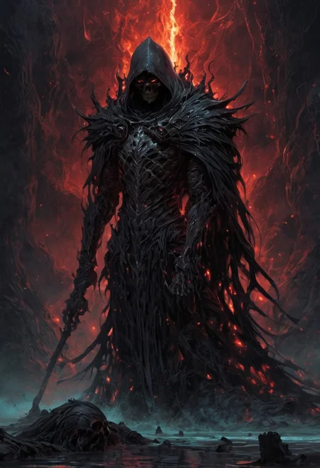 Dark Fantasy page, a reaper who seems to meld with the shadows, cloaked in armor made of bone and darkness, levitates over a pool of crystalline water with red hue. the figure exudes an air of mystery and forbearance, wielding a massive scythe with a dark, crimson aura. the image, whether painted or digitally rendered, captures the anomaly and maleficence of the character with vivid detail, high contrast, deep shadows <lora:EpicF4nta5yXL:0.8>