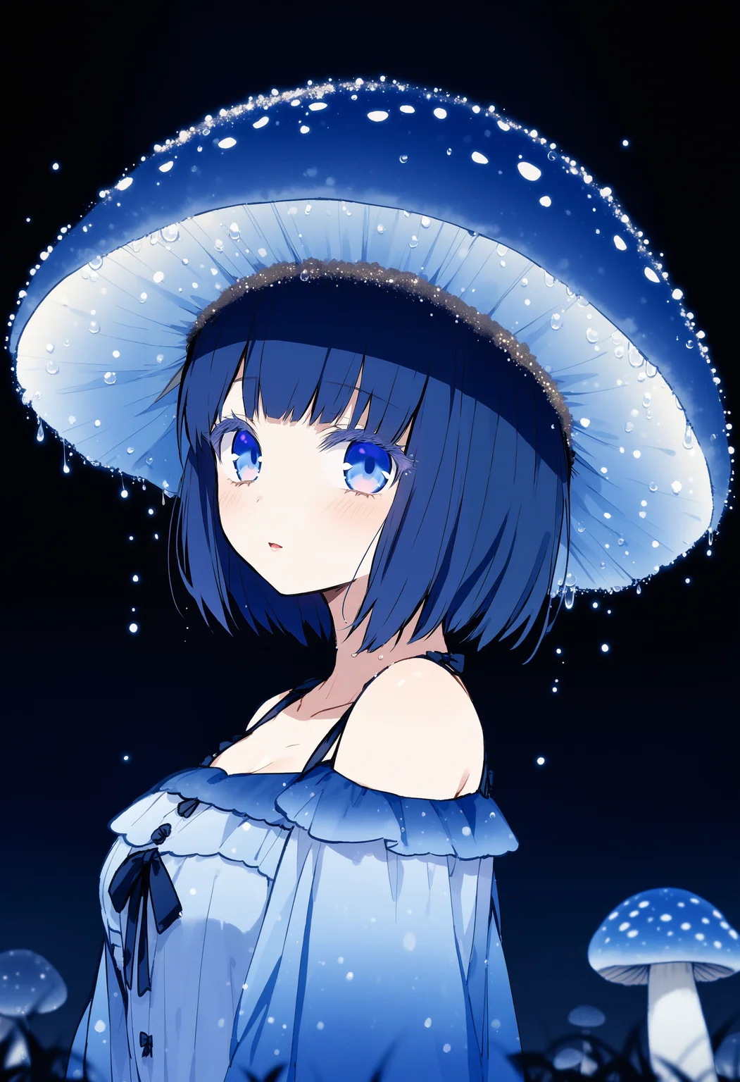 mushroom girl, 1girl, bare shoulders, blue theme, blue nails, jirai kei, colored eyelashes,
blue eyes, looking at viewer, closed mouth,
collarbone, facing viewer, light particles, mushroom, mushroom hat, personification, solo,
mycena subcyanocephalar, night, depth of field, scenery, nature, blue mushroom, droplets, dew drop, from side,
masterpiece, best quality, very aesthetic, absurdres
<lora:monmusu_plant_girl_ani_v13:1>