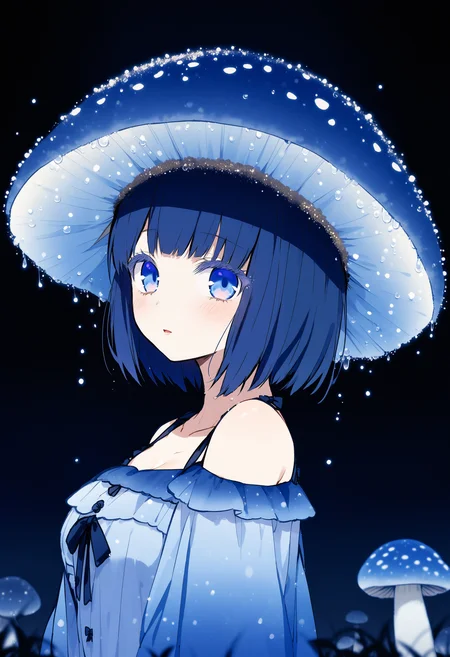 mushroom girl, 1girl, bare shoulders, blue theme, blue nails, jirai kei, colored eyelashes,
blue eyes, looking at viewer, closed mouth,
collarbone, facing viewer, light particles, mushroom, mushroom hat, personification, solo,
mycena subcyanocephalar, night, depth of field, scenery, nature, blue mushroom, droplets, dew drop, from side,
masterpiece, best quality, very aesthetic, absurdres
<lora:monmusu_plant_girl_ani_v13:1>