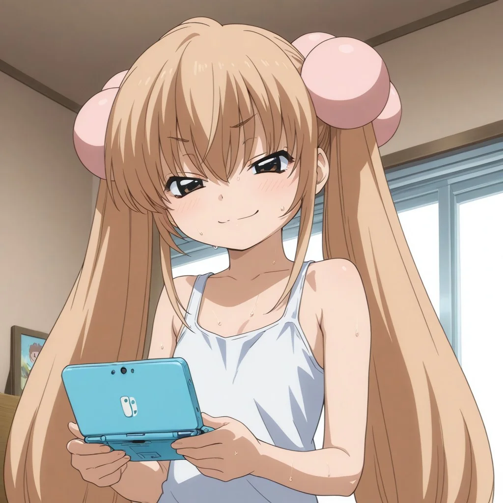 masterpiece, best quality, 1girl, kokonoe rin, light brown hair, brown eyes, twin tails, petite, skinny, smug, smile, sweat, tank top, indoors, upper body, holding object, nintendo 3ds