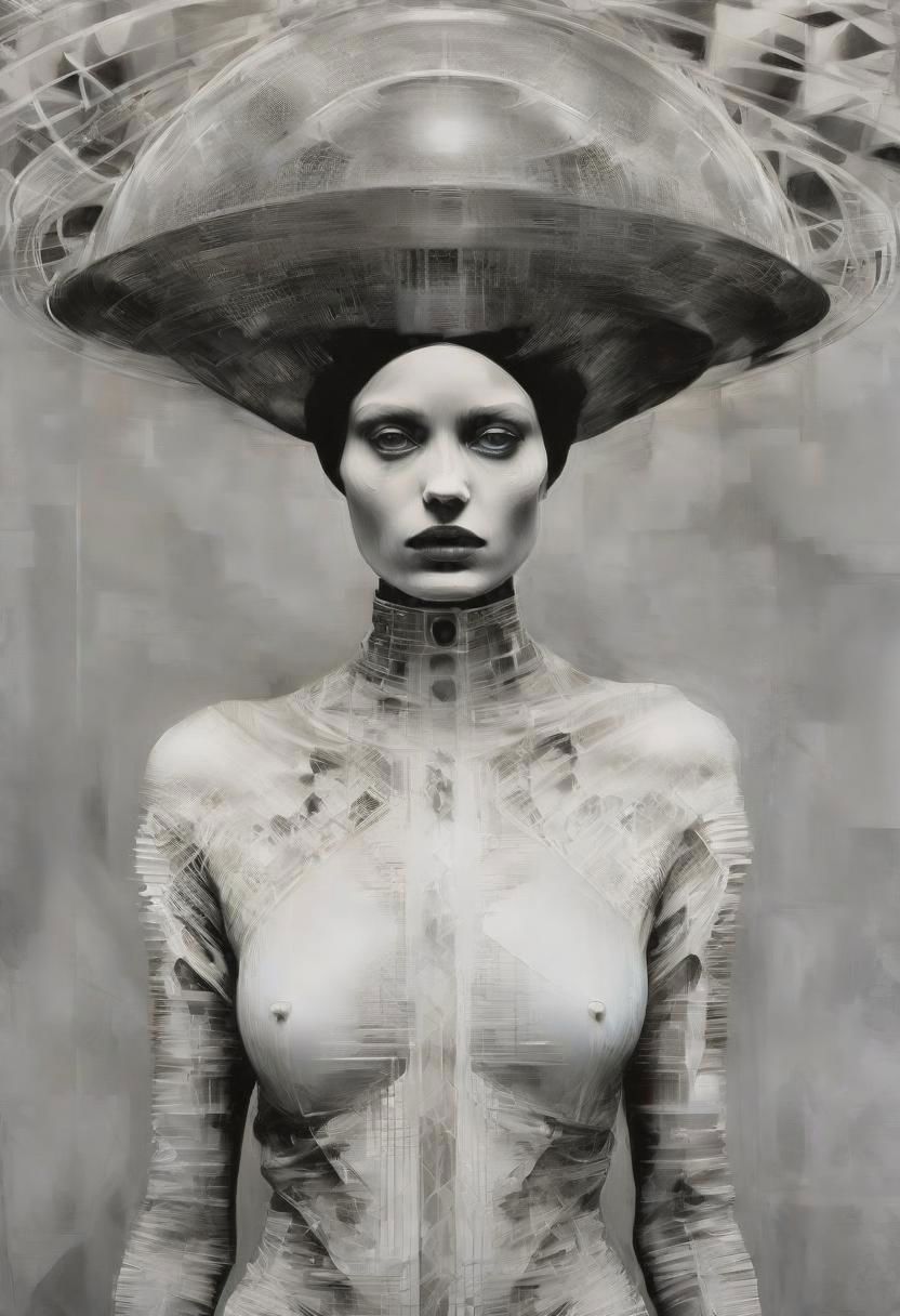 Monochrome black and white, Giger, Beksinski, Zawadzky, Dali, Magritte, Delvaux, Bellmer, Malevitch, Rodchenko, Mondrian, Kandinsky, Popovna, psychedelic hallucination, pop surrealism, rough crosshatch drawing pop art Lunatic_Portrait of a young woman in latex Avant-garde Fashion page, slick back, low bun, black makeup, sinister expression, intense glare, avant-garde, abstract, weird, geometric, constructivism, suprematism, rayonism, verticism, lineism, tj
