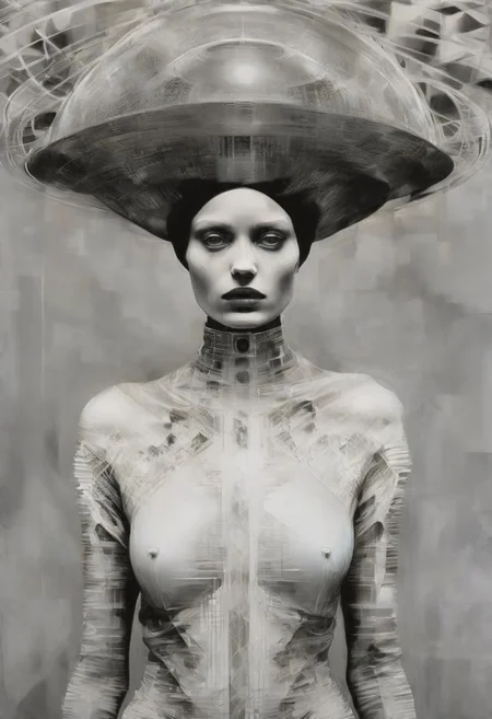 Monochrome black and white, Giger, Beksinski, Zawadzky, Dali, Magritte, Delvaux, Bellmer, Malevitch, Rodchenko, Mondrian, Kandinsky, Popovna, psychedelic hallucination, pop surrealism, rough crosshatch drawing pop art Lunatic_Portrait of a young woman in latex Avant-garde Fashion page, slick back, low bun, black makeup, sinister expression, intense glare, avant-garde, abstract, weird, geometric, constructivism, suprematism, rayonism, verticism, lineism, tj