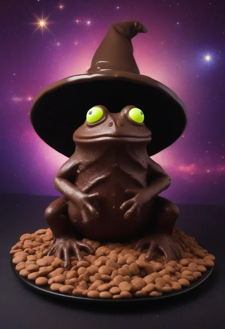 (chocolate frog with a wizard hat made of chocolate with googly eyes), eating chocolate goo, sharp teeth, surrounded by chocolate chips
Close up, space stars background.
(skeleton glowing)
zavy-flrscnc, fluorescent, fluorescent spraypaint,