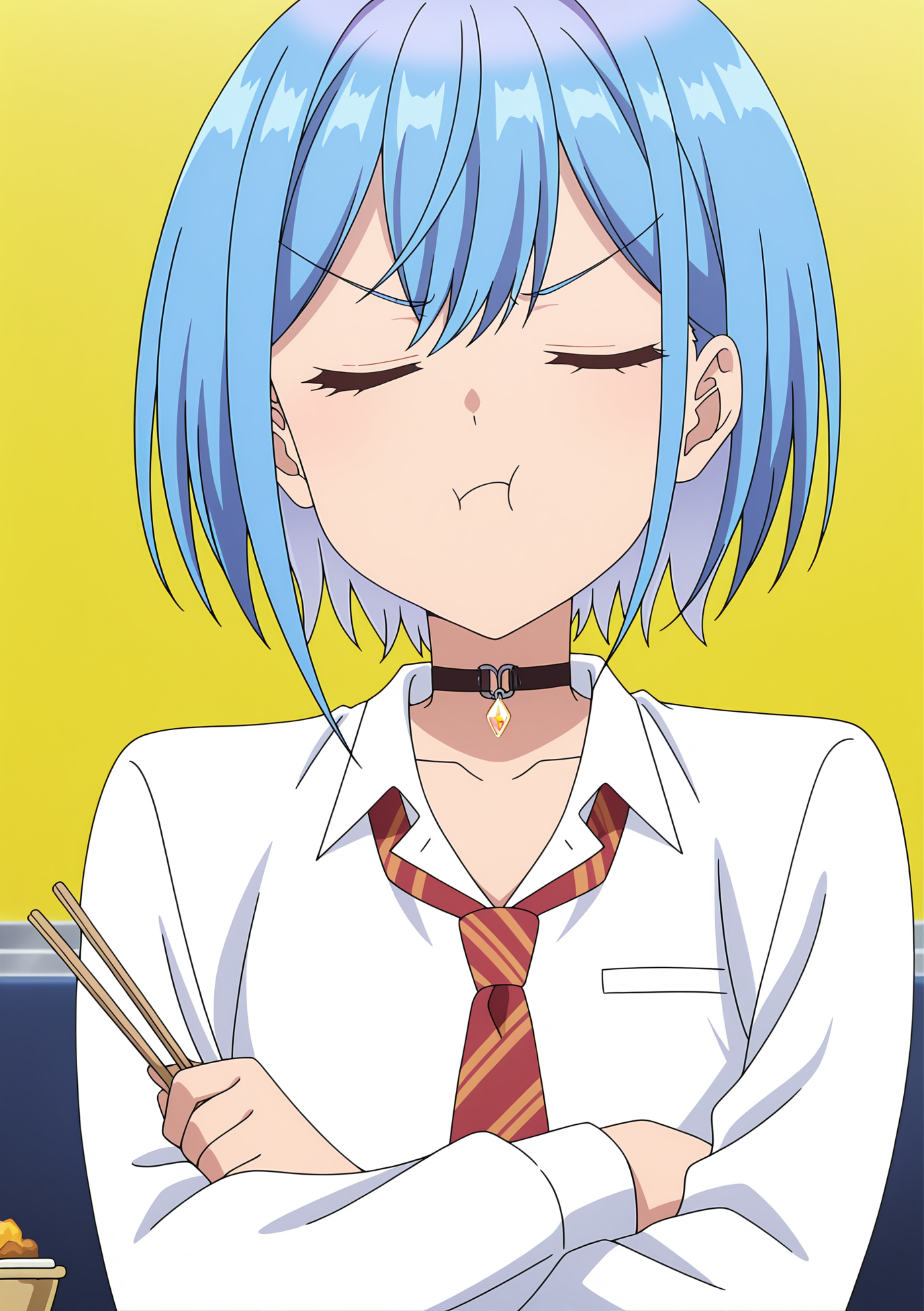 detailed background, official style,anime coloring, (anime screencap) masterpiece, detailed face,1girl <lora:Himari_Inuzuka__Can_a_Boy-Girl_Friendship_Survive:0.8>Himari, shirt, closed eyes, blue hair, solo, necktie, striped necktie, white shirt, red necktie, crossed arms, striped, short hair, holding, bangs, collared shirt, food, upper body, long sleeves, closed mouth, choker, diagonal-striped necktie, collarbone, facing viewer, :t, black choker, school uniform, chopsticks, pout