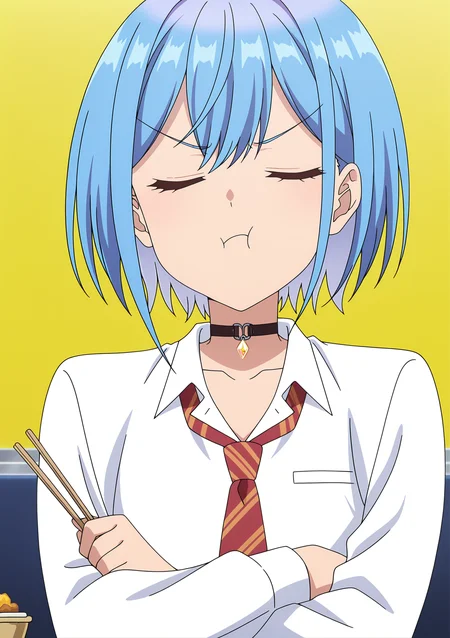 detailed background, official style,anime coloring, (anime screencap) masterpiece, detailed face,1girl <lora:Himari_Inuzuka__Can_a_Boy-Girl_Friendship_Survive:0.8>Himari, shirt, closed eyes, blue hair, solo, necktie, striped necktie, white shirt, red necktie, crossed arms, striped, short hair, holding, bangs, collared shirt, food, upper body, long sleeves, closed mouth, choker, diagonal-striped necktie, collarbone, facing viewer, :t, black choker, school uniform, chopsticks, pout