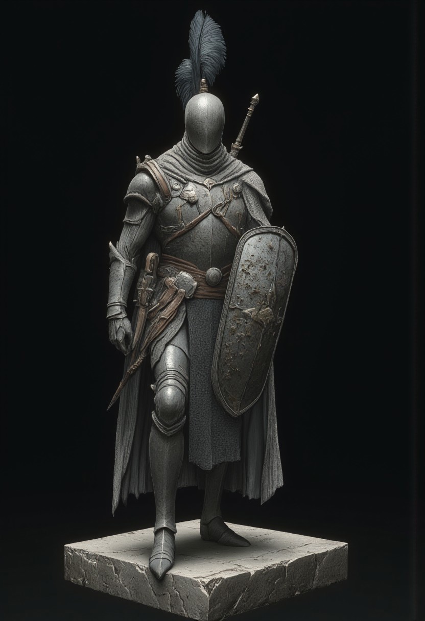 Standing in a hyper stanced extended action pose
A feathered knight with a cape, holding a templar shield, and a gladiator sword, wearing a praetorian helmet, rustic armor and leather sash
Set against a solid dark black color background to emphasize its unsettling unnatural form that emphasizes its silhouette. The medium is not a traditional painting or illustrative medium like watercolor or ink but rather a digital 3D rendering.
MikeFranchinastyle, d4artstyle, d4concept, , bbstyle,, horror theme,, zbrush, ZBClay model of a gray sculpture, 1990's, 1990's style