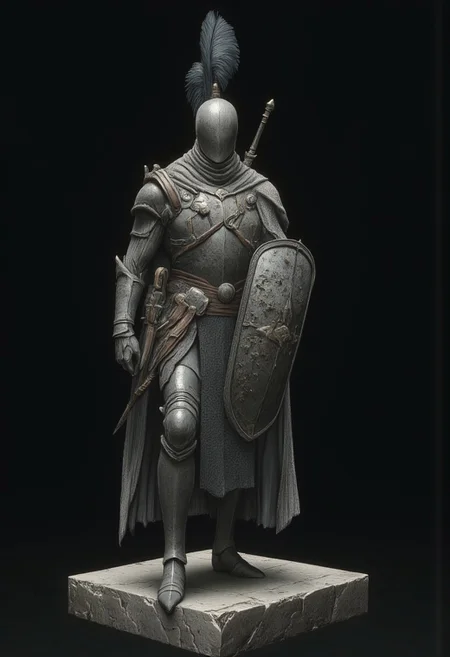 Standing in a hyper stanced extended action pose
A feathered knight with a cape, holding a templar shield, and a gladiator sword, wearing a praetorian helmet, rustic armor and leather sash
Set against a solid dark black color background to emphasize its unsettling unnatural form that emphasizes its silhouette. The medium is not a traditional painting or illustrative medium like watercolor or ink but rather a digital 3D rendering.
MikeFranchinastyle, d4artstyle, d4concept, , bbstyle,, horror theme,, zbrush, ZBClay model of a gray sculpture, 1990's, 1990's style