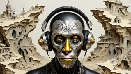 cs-m3tal-400 damaged Surrealist painting, (peeling paint on sandpaper:1.2). A grotesque mature male surgeon being a (black:0.5) Mandrill in a decrepit desert buttes, layers. (Large patches of broken paint reveal a world of studio headphones). Intricate details. white-tinted, silver filigree patterns. Symbolism.
