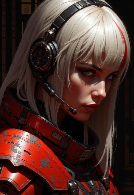 A digital painting portrait in the style of ck-js, in the style of ck-sfc,, portraying a stunning, strikingly beautiful female space pirate, bangs, platinum bob with red streaks, communicator, dark eyeshadow, red lips, battered red and black power armour, iridescent textures , portraying otherworldy sexual allure