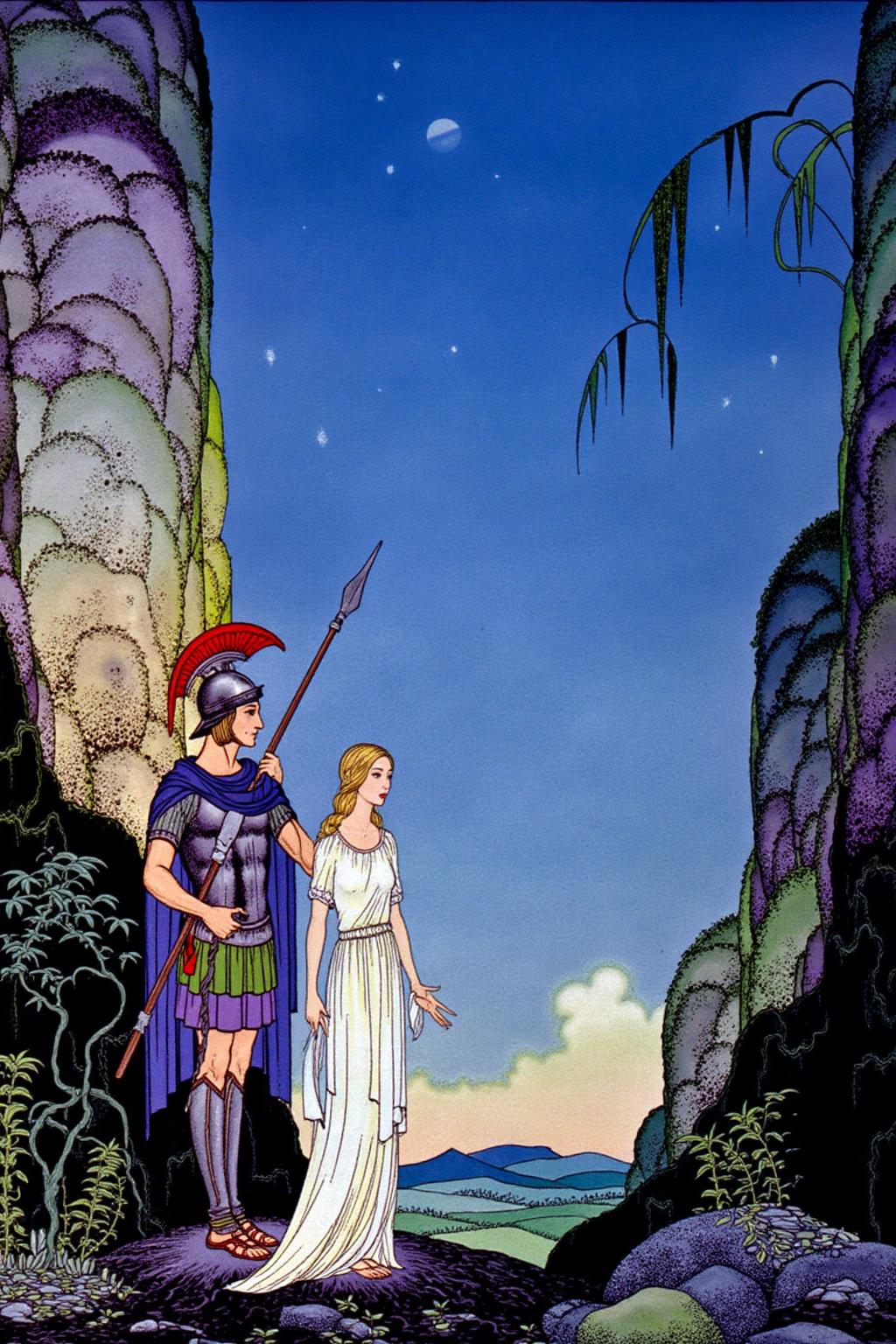 sterrett1 color illustration.
A scene set in ancient Greece. A young woman and a Greek warrior are standing on rocky, uneven ground, surrounded by towering, lush green and purple cliffs that blend into the sky. The woman has long, flowing hair and is dressed in a white, flowing gown with a draped, ancient Greek-inspired design. The warrior is wearing a helmet with red plumage and carrying a spear.
 <lora:sterrett1_cap_d6a3e8:1.0><lora:837014007295580005:0>
