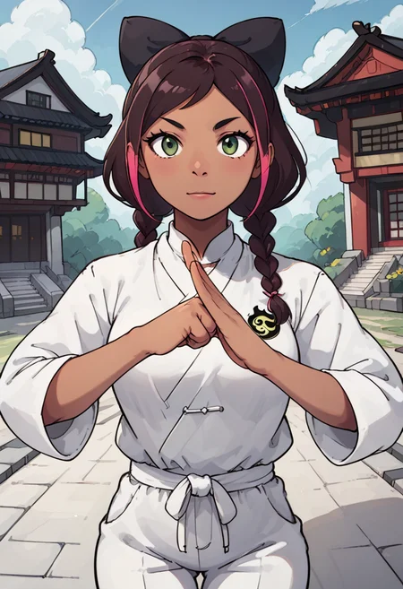 (fist-palm salute:1.5), score_9, score_8_up, score_7_up, source_anime, ultra detailed,
Generate a picture of a girl making fist-palm salute in a big garden in front of a big traditional Chinese building, (fist and palm folded in front), front view, she is wearing a yin_yang_print robe, white pants, barefoot, looking at viewer seriously with light smile.
The girl is a teenager has heart-shaped face with (green eyes with brown pupils), she has (shiny dark skin), (dark-skinned female:1.21), (plump:0.5) and glamor body with (colorful tattoo), medium breasts, the girl has luxurious hair, predominantly deep brown in color, yet with subtle pink highlights, hair made into (twin braids) with hair bow,
dynamic angle, ,
<lora:FlatAnimePony:1>,<lora:fist-palm_salute_Pony:0.8>