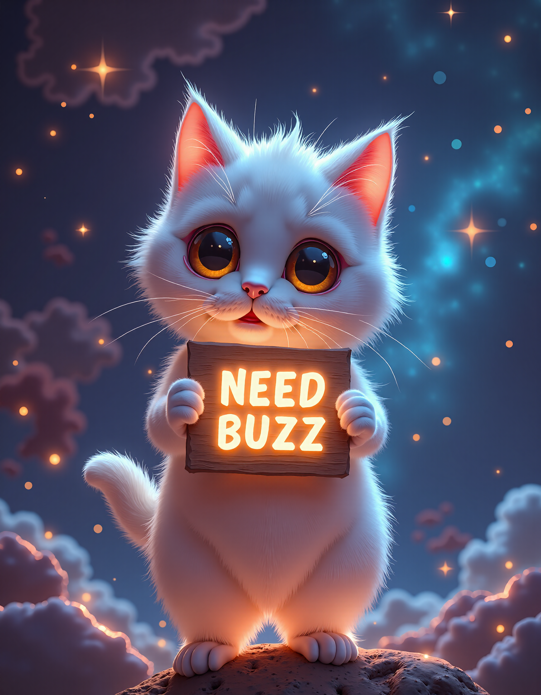 A spectacular digital painting of a celestial, heavenly nebula shaped like a cute cat in outer space, part of a beautiful constellation full of bright stars and nebulae, and the cat is holding a scifi sign saying "NEED BUZZ :3" in front of itself.