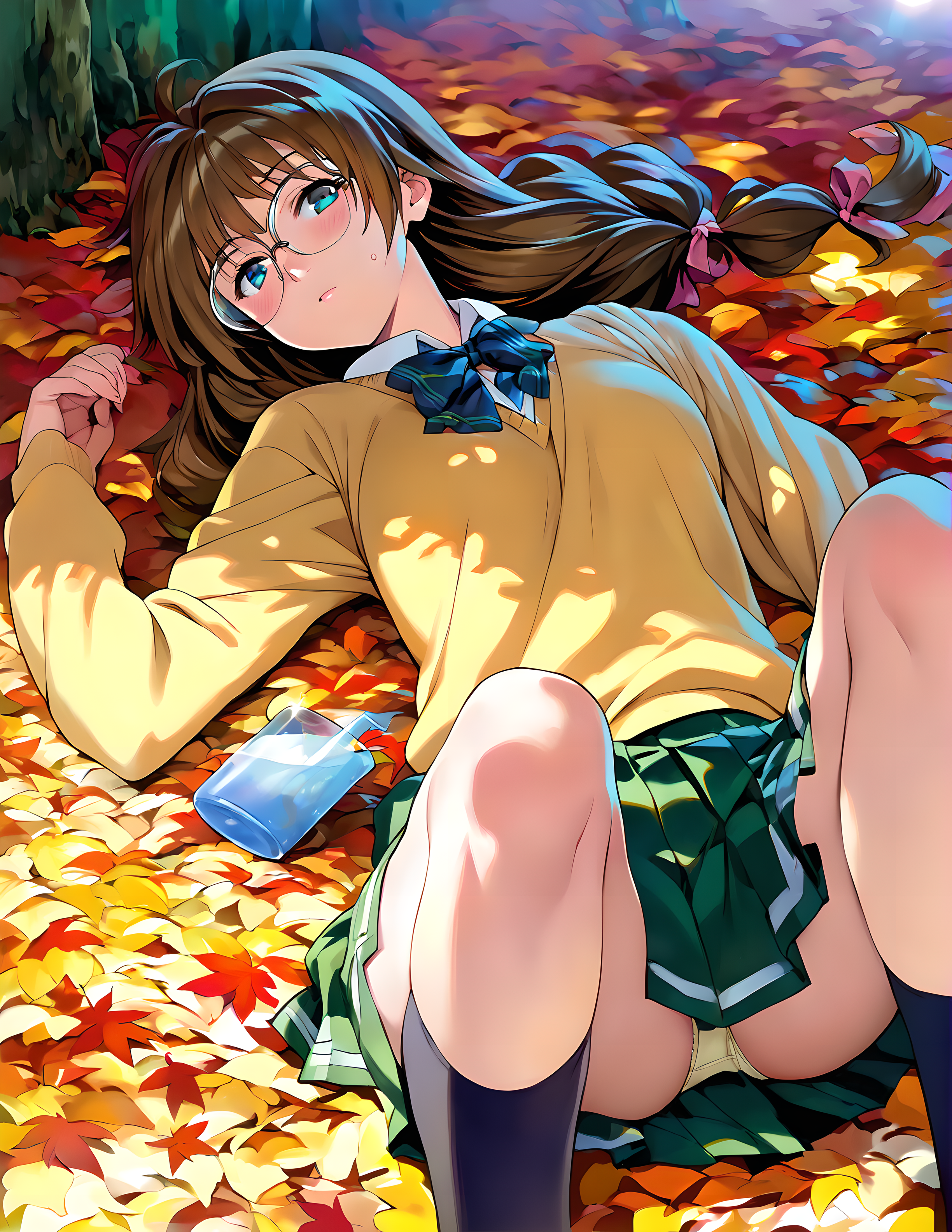 <lora:pony_xl_kaori:0.8>,kaori,score_9,score_8_up,score_7_up,source_anime,1girl,solo,glasses,hair_ribbon,school_uniform,yellow sweater,collared_shirt,bowtie,pleated skirt,kneehighs,day,nature,the dappled sunlight that filters through the leaves of trees,a cup of tree leaves on the ground,sunny weather writing,lens_flare,estrus,light_blush,disheveled hair,sweat,underwear,pantyshot,looking_at_viewer,on back,knees_together_feet_apart,