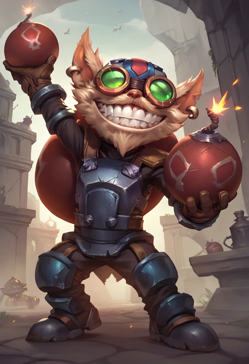 ,score_9, score_8_up, score_7_up, score_6_up,z1ggs, 1boy, male focus, yordle, teeth, grin, holding bomb, bomb, grenade ,armor, goggles, helmet, gloves, brown gloves, <lora:Ziggs_Default_v1:0.9>