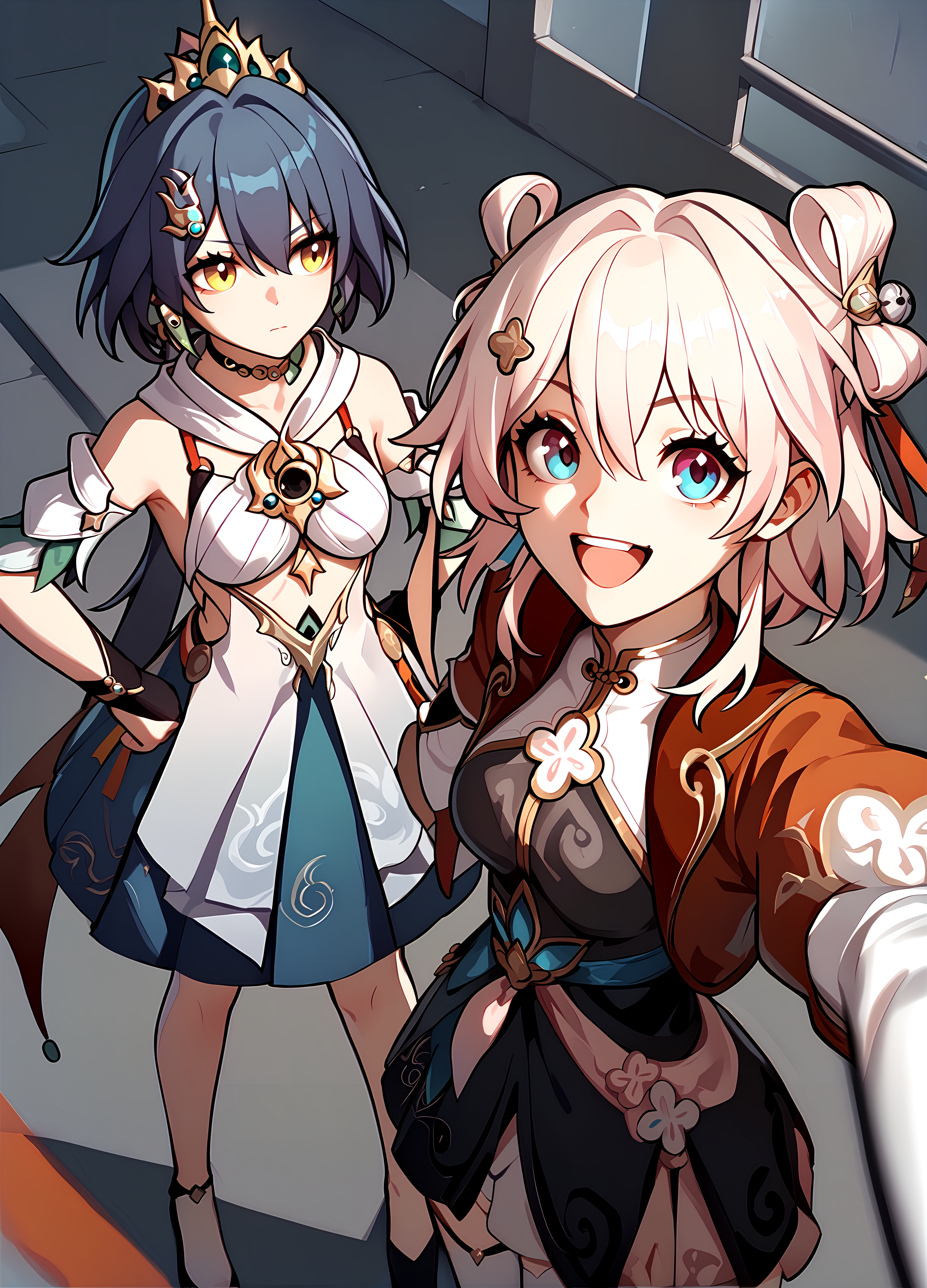 (score_9, score_8_up, score_7_up), 2girls, standing, from above ADDCOMM
<lora:yunli-strPO-v1a:0.8>, 1girl, yunli, crown, fingerless gloves, detached sleeves, thigh strap, closed mouth, hand on own hip BREAK
<lora:march7th-strPO-v1AR:0.8>, selfie, 1girl, march7th \(hunt\), double bun, fingerless gloves, white legwear, v, smile, open mouth