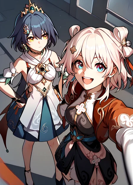 (score_9, score_8_up, score_7_up), 2girls, standing, from above ADDCOMM
<lora:yunli-strPO-v1a:0.8>, 1girl, yunli, crown, fingerless gloves, detached sleeves, thigh strap, closed mouth, hand on own hip BREAK
<lora:march7th-strPO-v1AR:0.8>, selfie, 1girl, march7th \(hunt\), double bun, fingerless gloves, white legwear, v, smile, open mouth