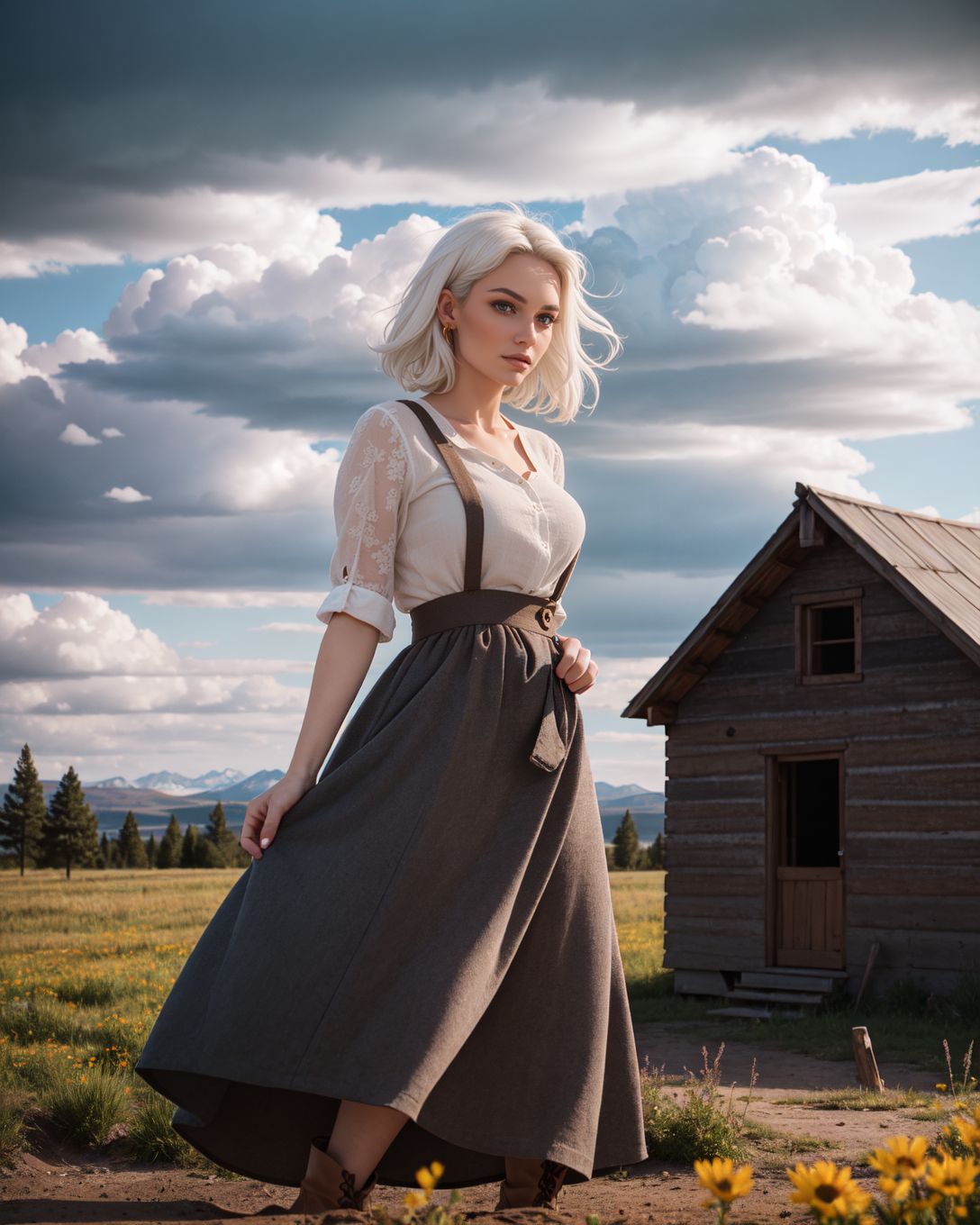 (Long shot:1.4), (Sn0frid_v1, white hair:1.3),  medium bosom, (style of Dorothea Lange) rugged frontier homestead woman, 1800s Montana, linen blouse, long skirt, apron, practical sturdy boots, earthy tones, natural fibers, rustic charm, sepia-toned aesthetic, arid golden prairie, wooden cabin, wildflowers, cracked soil, farm tools, weathered textures, sun-dappled lighting, determined expression, confident pose, wind-tousled hair, (dramatic clouds:1.2), vast open landscape, vintage authenticity, pioneering spirit ,