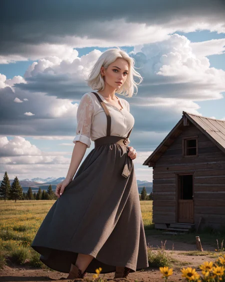 (Long shot:1.4), (Sn0frid_v1, white hair:1.3), medium bosom, (style of Dorothea Lange) rugged frontier homestead woman, 1800s Montana, linen blouse, long skirt, apron, practical sturdy boots, earthy tones, natural fibers, rustic charm, sepia-toned aesthetic, arid golden prairie, wooden cabin, wildflowers, cracked soil, farm tools, weathered textures, sun-dappled lighting, determined expression, confident pose, wind-tousled hair, (dramatic clouds:1.2), vast open landscape, vintage authenticity, pioneering spirit ,