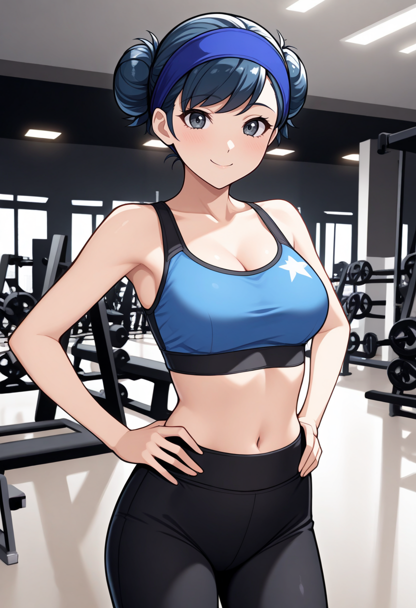 masterpiece, best quality, 1girl, solo, looking at viewer, cowboy shot, smile, gym, hands on hips
blue sports bra, black yoga pants
 <lora:zs_NorikoILLU:1> n0r1kop2, blue hair, short hair, messy hair, double bun, blue headband, black eyes,