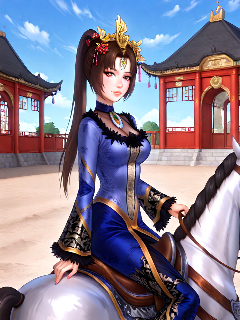 masterpiece, best quality, absurdres, realistic, zhen ji, milf, 1girl, lips, black hair, brown hair, ponytail, long hair, hair ornament, qipao, china dress, chinese clothes, large breasts, china palace, horseback riding, outdoors, (mole:0.5), <lora:ZhenJi(DynastyWarriors4)_ilxl:1>