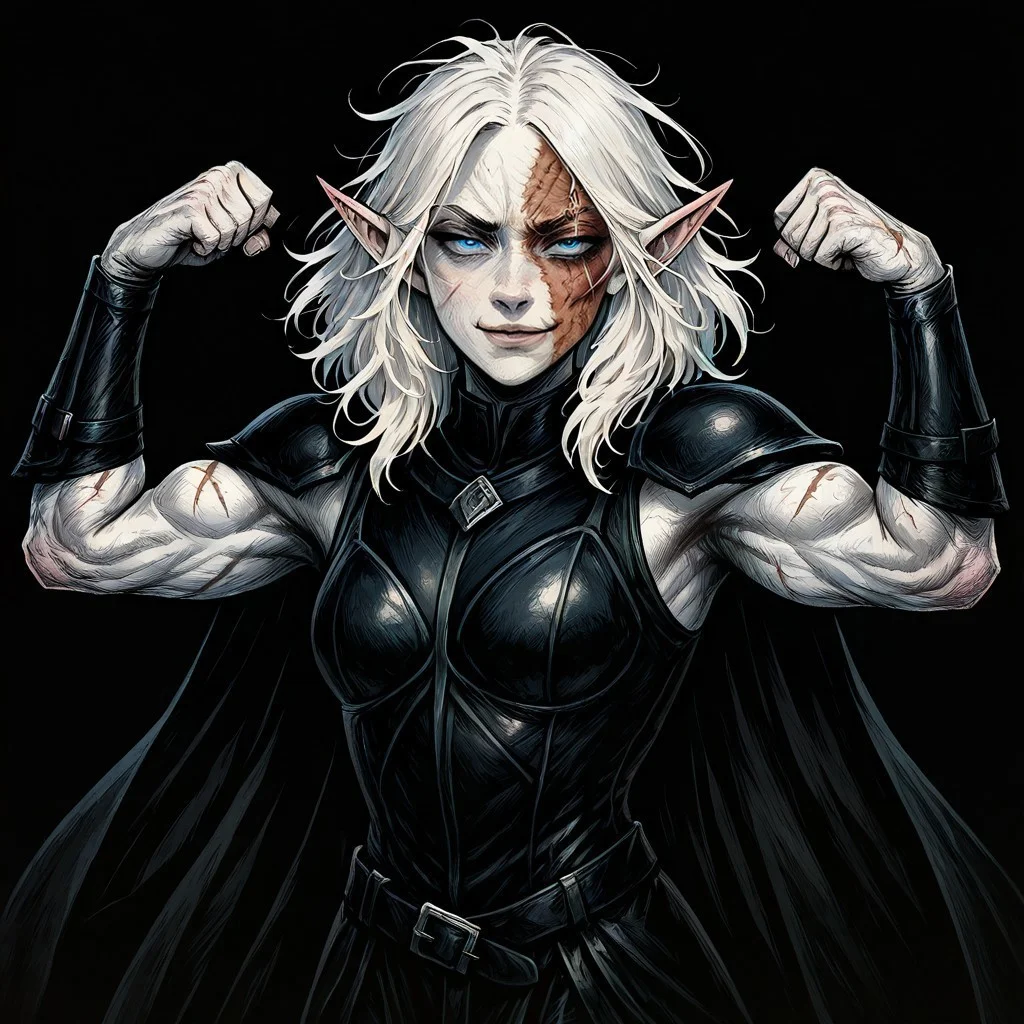 masterpiece, best quality, newest, absurdres, highres,
FCOMV1.0,
1girl, pale, white skin, colored skin, pale skin, elf, pointy ears, muscular woman, cape, scar, scars on face, white hair, medium hair, messy hair, smug, blue eyes, detailed eyes, armor, black armor, black leather, leather amor, cape,
flex, flexing,